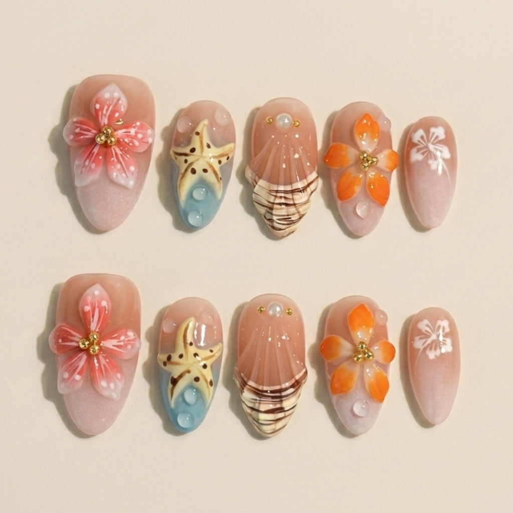 Beach Floral Ocean Press On Nails